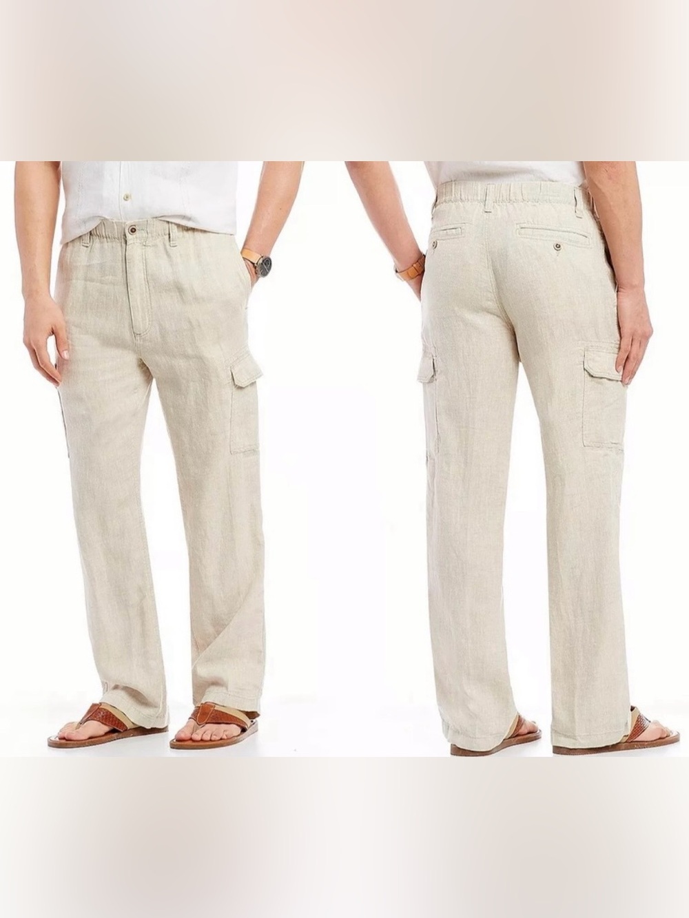 Caribbean Men’s 40x34 Brown 100% Linen Cargo Pants Drawstring Coastal Vacation